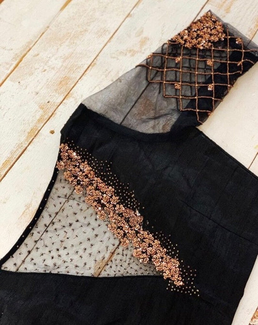 Black Sheer Net Blouse with Copper Beadwork
