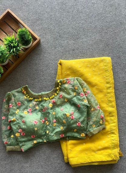 Artisan Sage Blouse featuring Yellow Beadwork Neckline