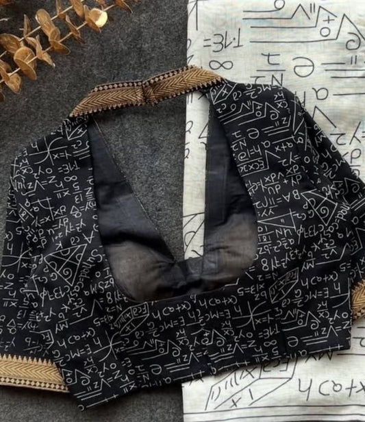 Black Equation Print Blouse with Gold Zari Border