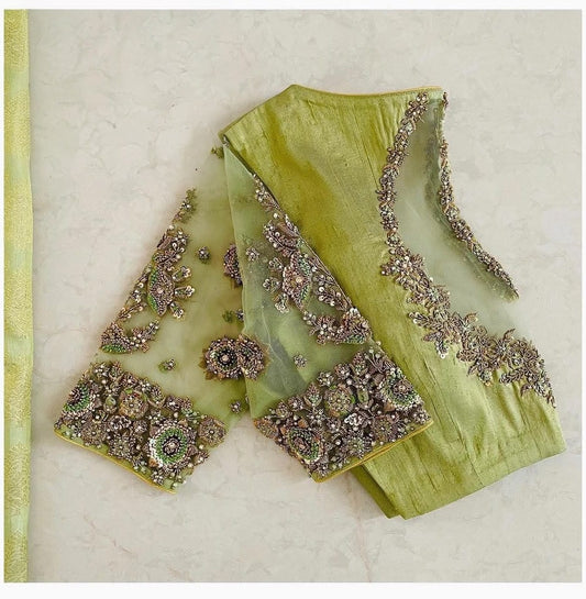 Artisan Sage Silk Blouse with Hand-Embroidered Floral Vines