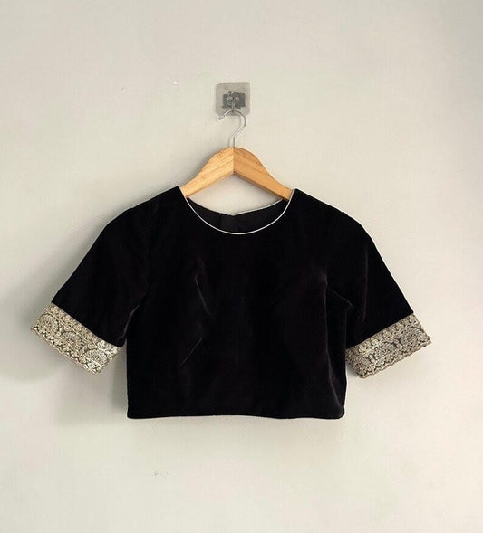Black Velvet Blouse with Heavy Antique Gold Zari Work on Sleeves